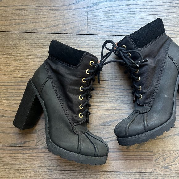 Lucky Brand Laverne Lace-Up Chunky High Heel Ankle Duck Booties Black Size 8.5M - Picture 3 of 12